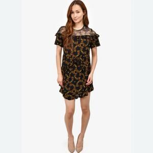 Sandro Alderic Black Yellow Butterfly Print Lace Shoulder Mini Dress 38 M